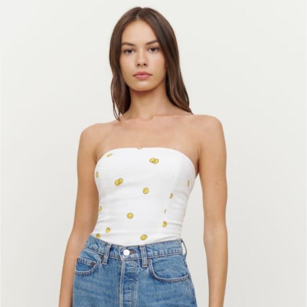 NWT Reformation White Paolo Mixed Emotions Smiley Happy Face Strapless Top 12